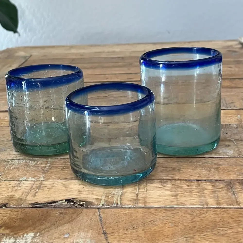 Hand-Blown Mexican Short Tumblers Set of 3 Clear Blue Rim